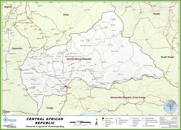 Large detailed road map of Central African Republic