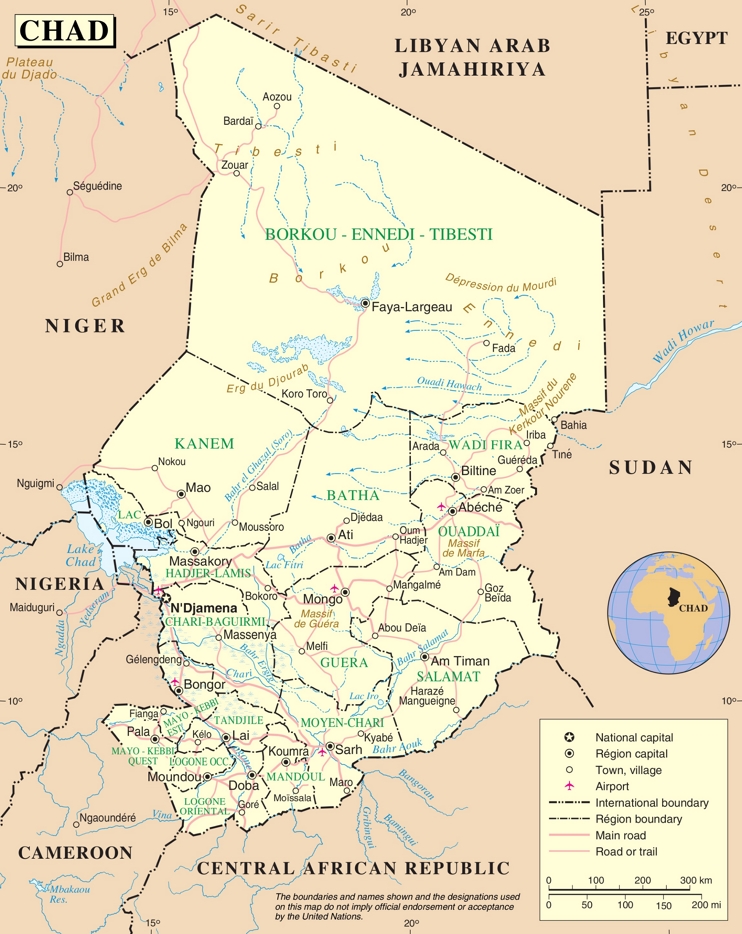 Large detailed road map of Chad