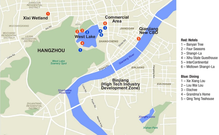 Hangzhou hotels and restaurants map