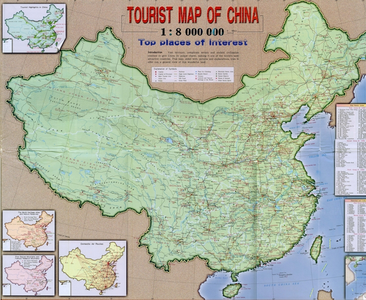 Large detailed tourist map of China
