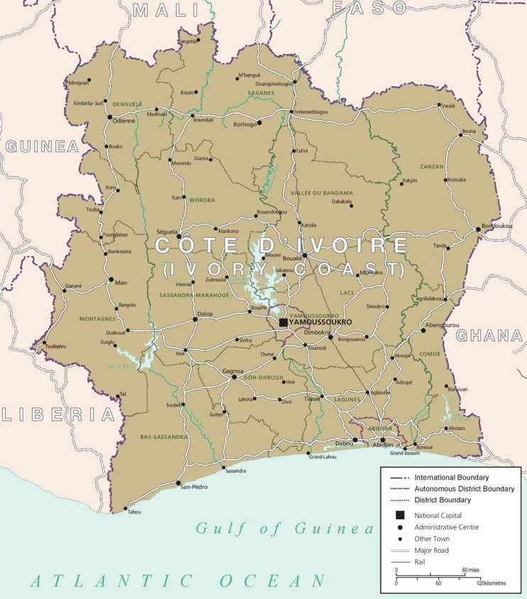 Map of Côte d'Ivoire with cities and towns