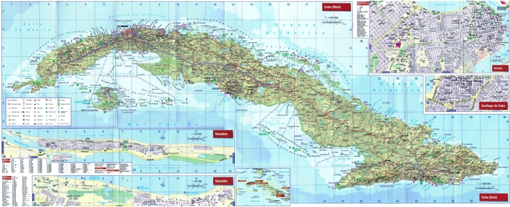 Large detailed tourist map of Cuba with cities and towns