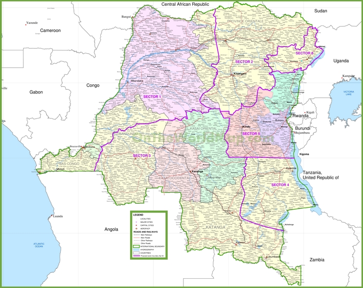 Large detailed map of Democratic Republic of the Congo with cities and towns