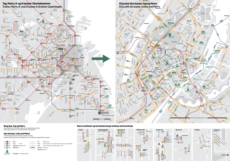 Copenhagen public transport, bus and train map