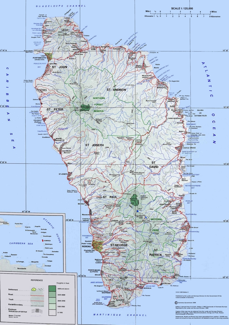 Large detailed topographic map of Dominica