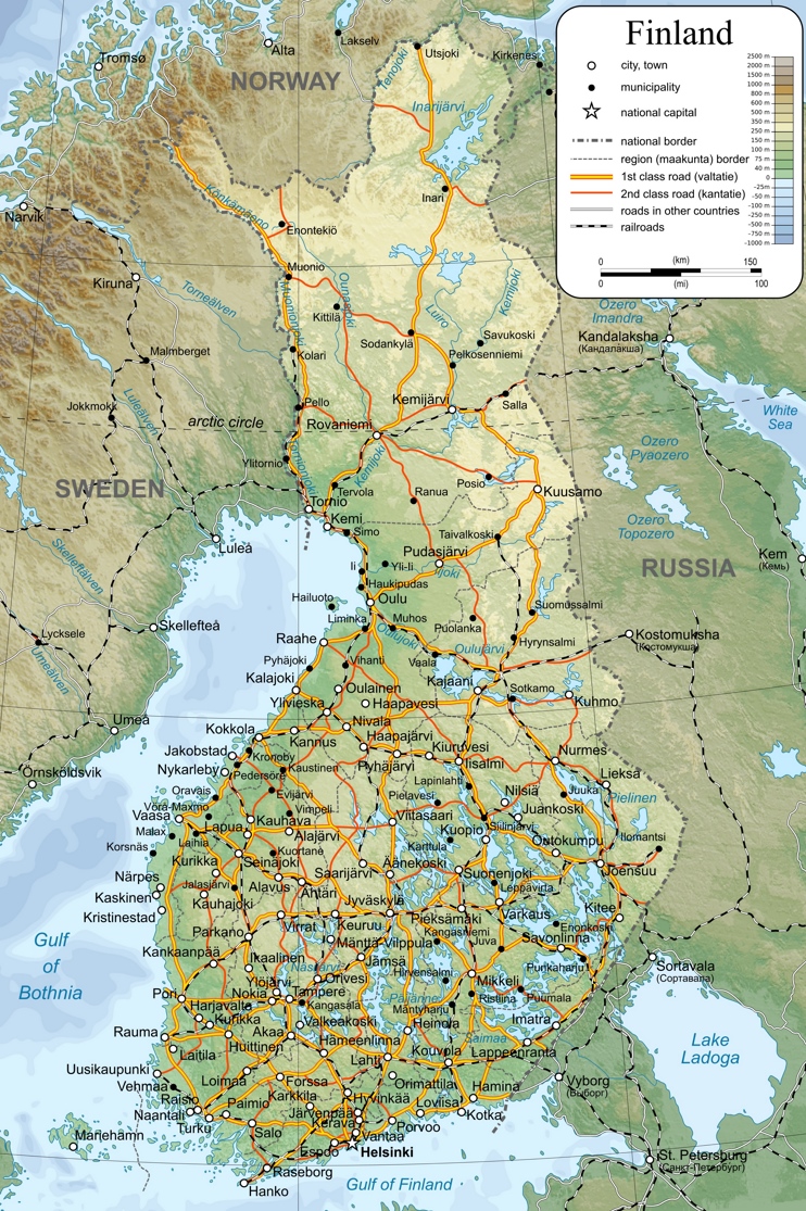 Large detailed map of Finland with cities and towns