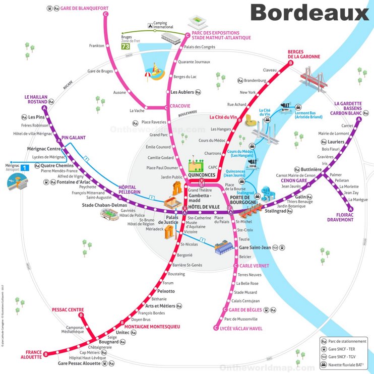 Bordeaux tram map with attractions