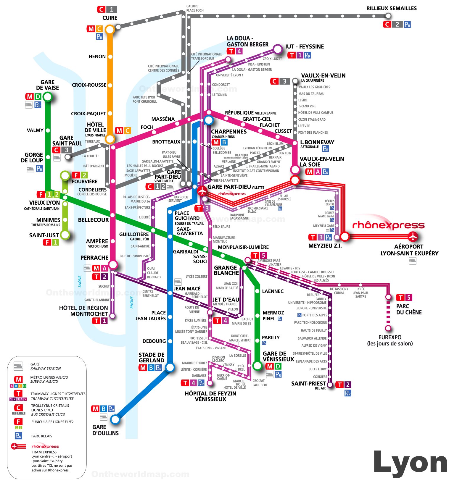 Lyon metro, tramway and trolleybus map