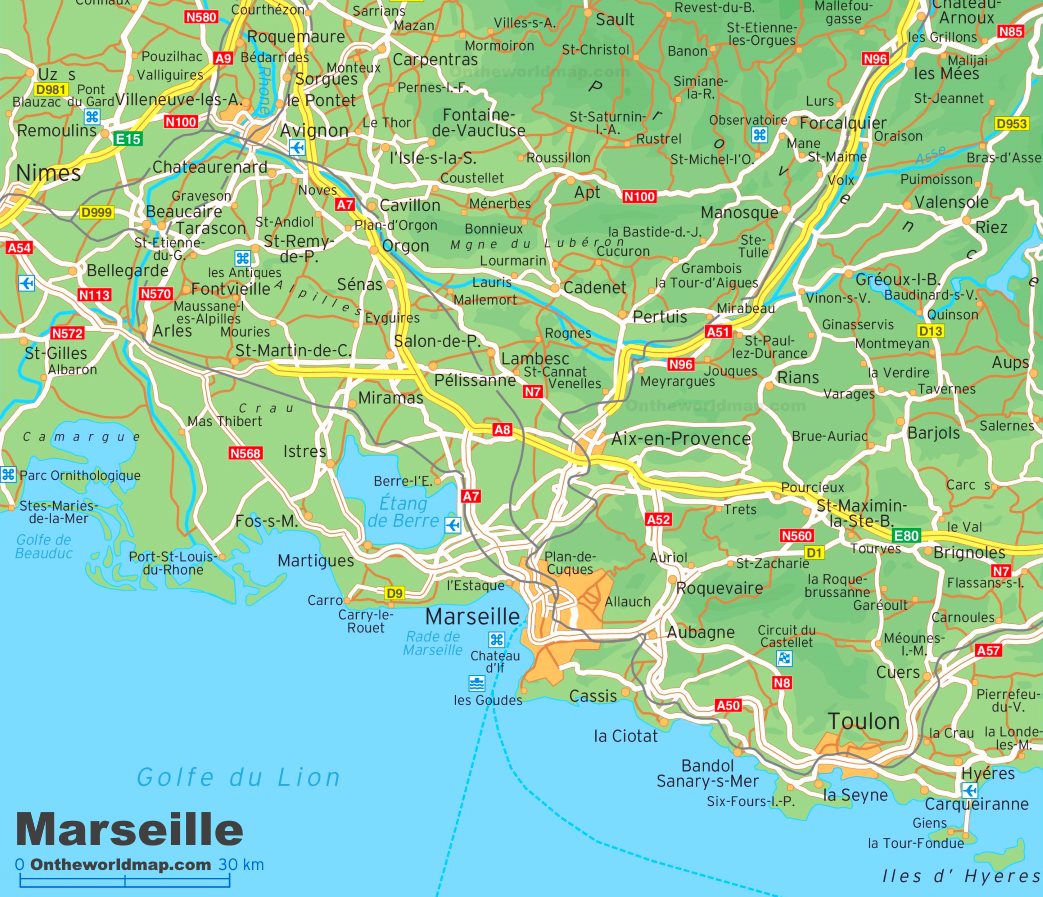 Map of surroundings of Marseille - Ontheworldmap.com