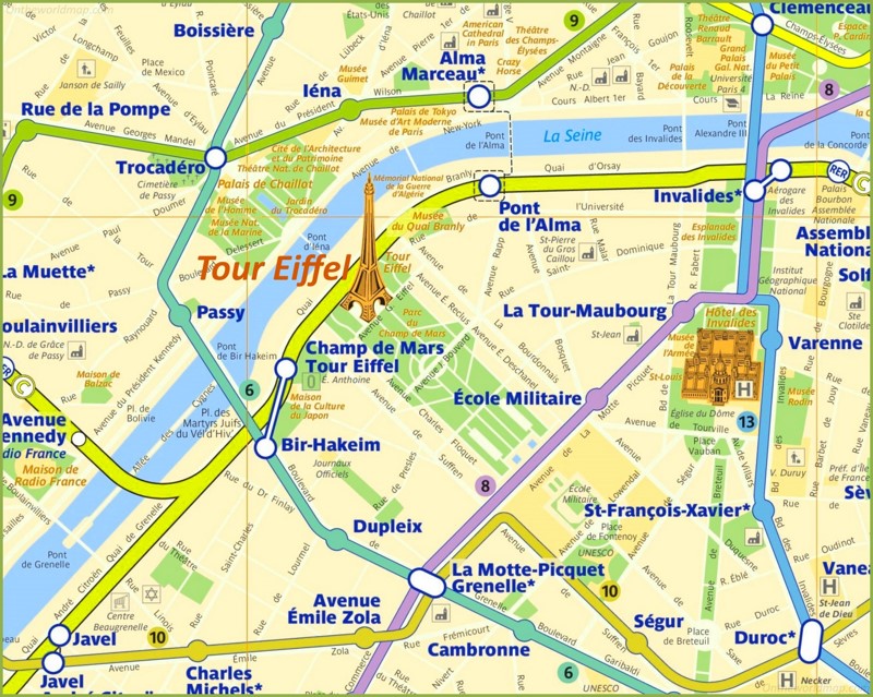 The Eiffel Tower on the Paris Metro map