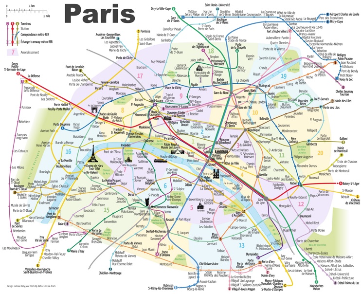 Paris metro map with main tourist attractions