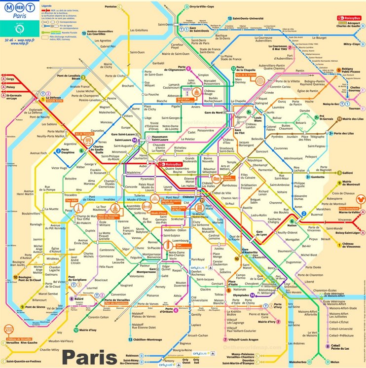 Paris RER and Metro Map with Sightseeings