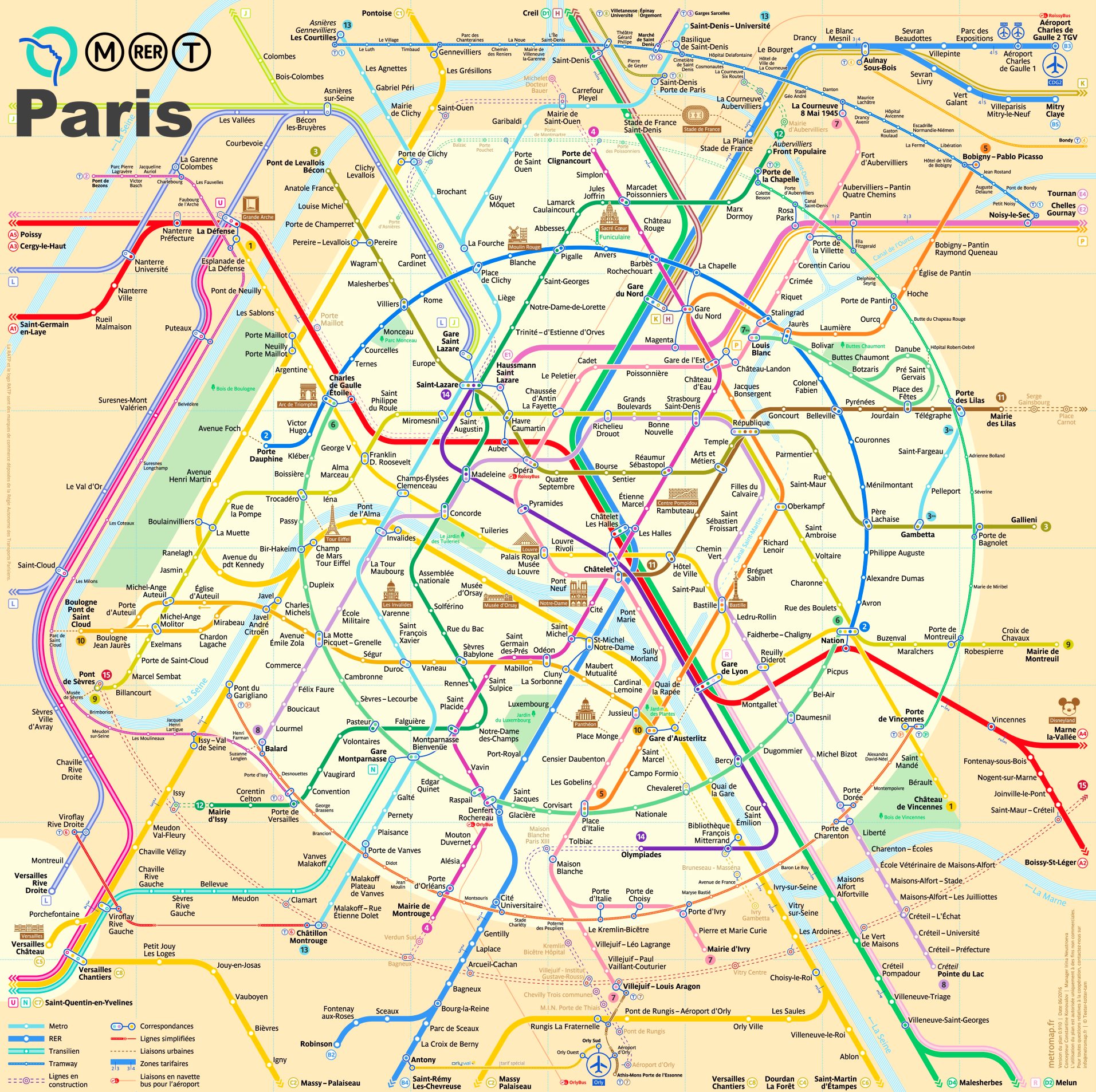 Paris Metro, RER and Tram Map.