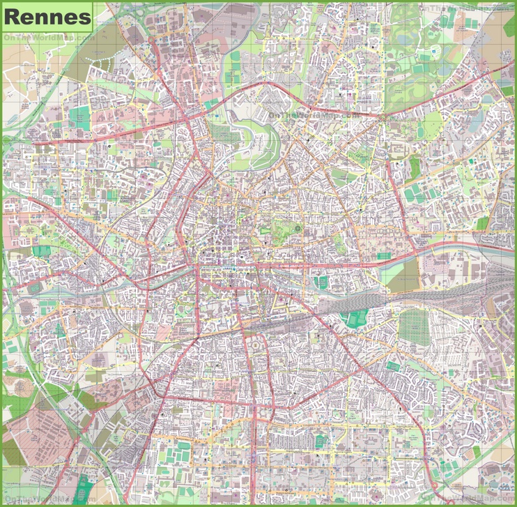 Large detailed map of Rennes