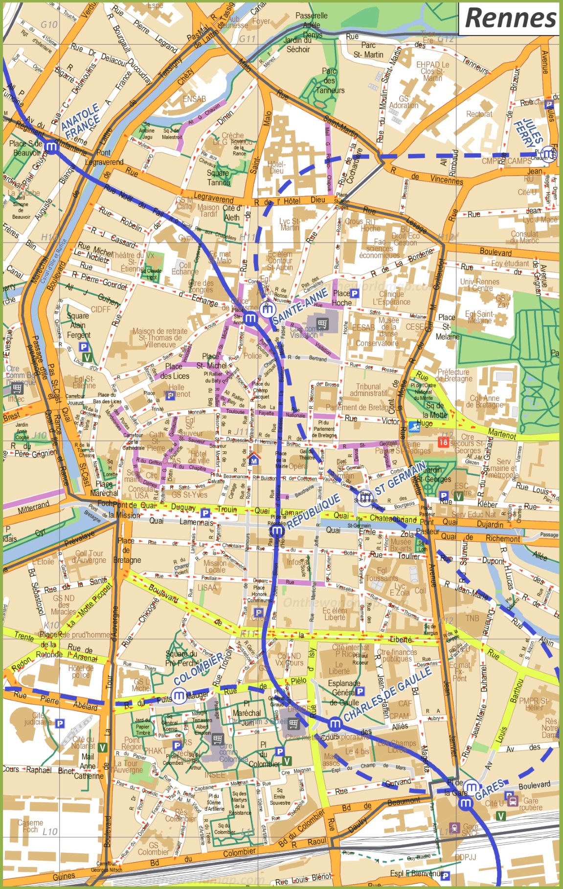 Rennes Sightseeing Map - Ontheworldmap.com