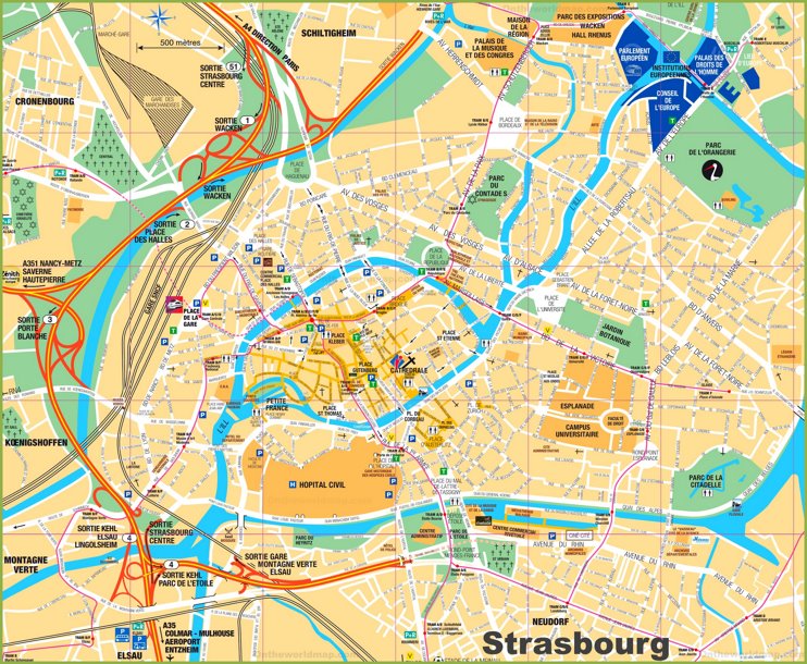 Tourist map of Strasbourg with sightseeings - Ontheworldmap.com