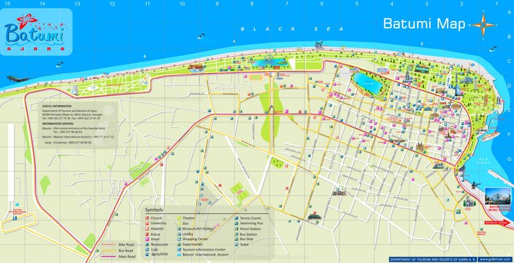 Batumi hotels and sightseeings map