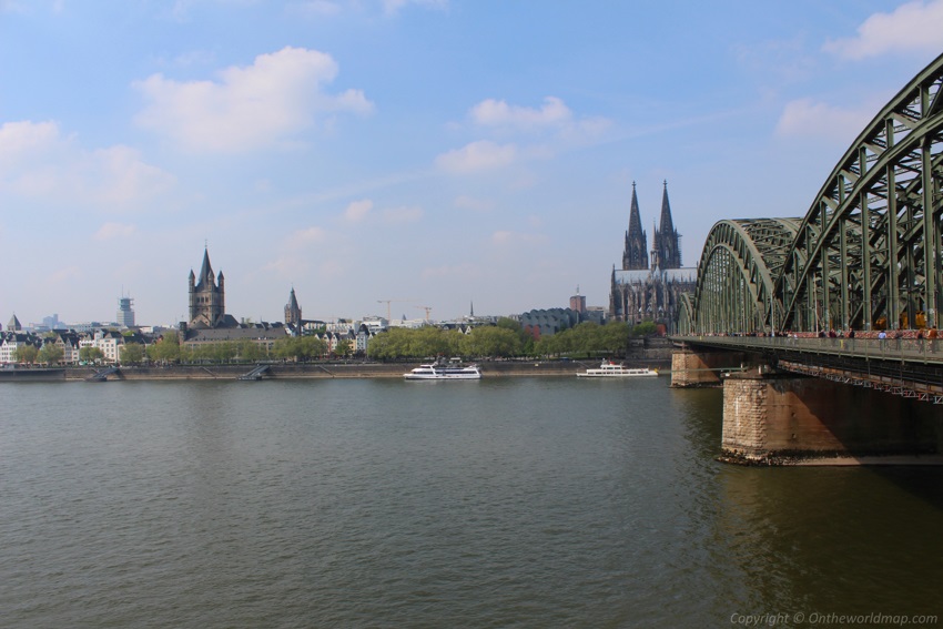 Cologne Cathedral and the Cologne skyline on the banks of the Rhine River in Cologne, Germany