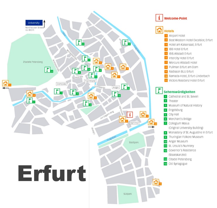Erfurt hotels and sightseeings map