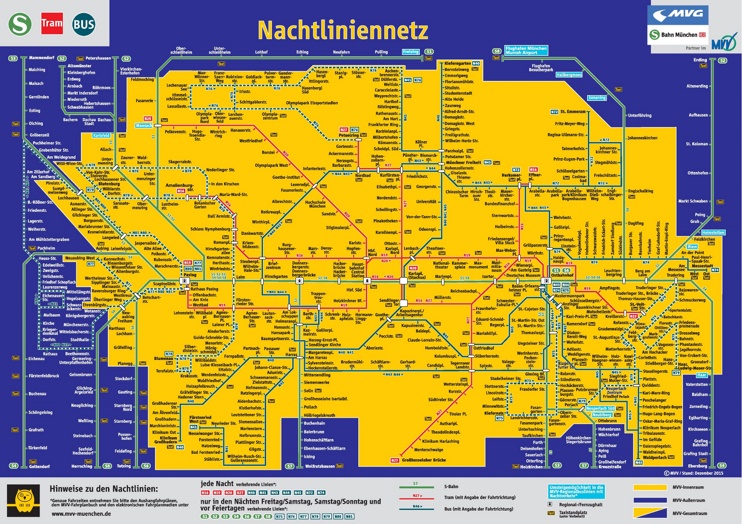 Munich night train, tram and bus map