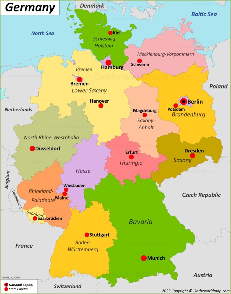 Germany States And Capitals Map - Ontheworldmap.com