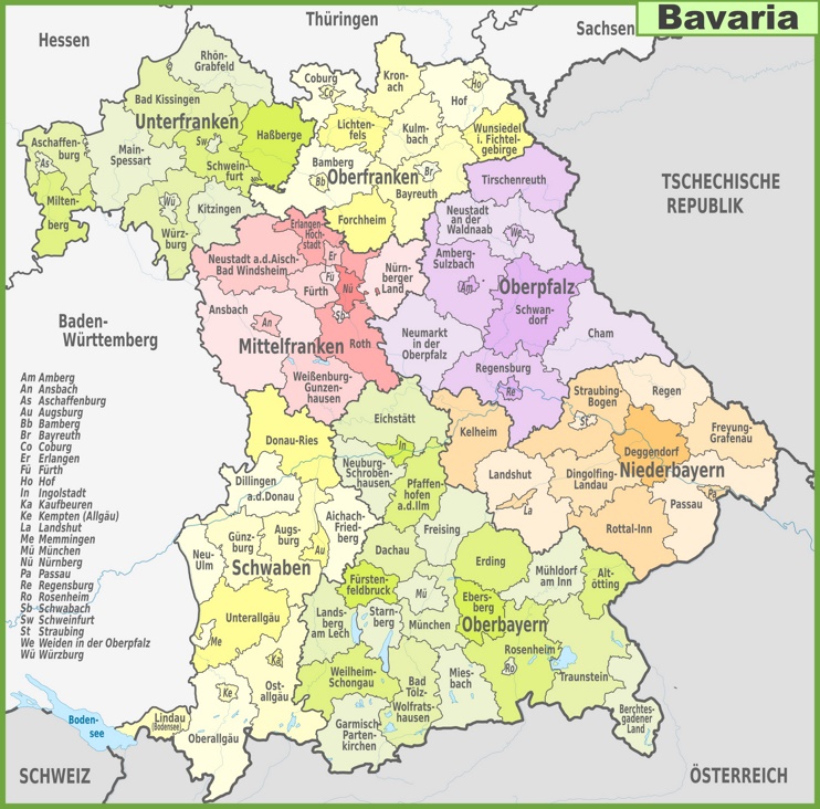 Administrative divisions map of Bavaria