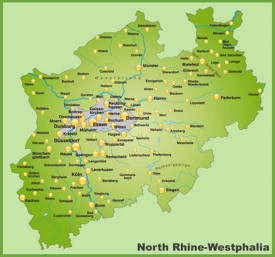 Map of North Rhine-Westphalia with cities and towns