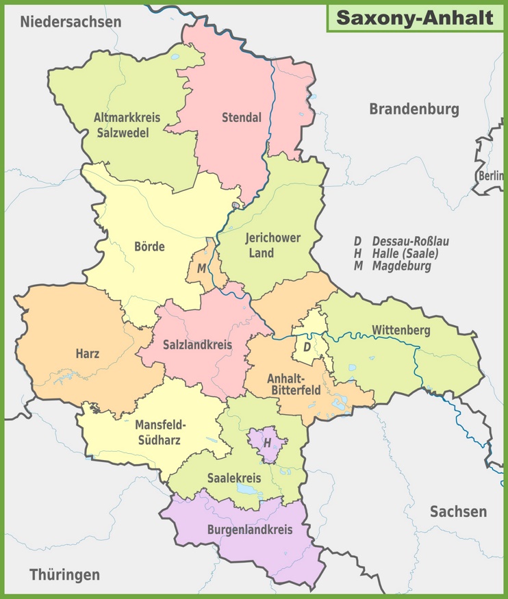 Administrative divisions map of Saxony-Anhalt