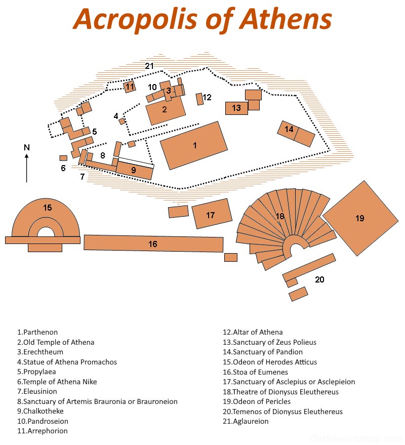 Map of the sights of the Acropolis of Athens