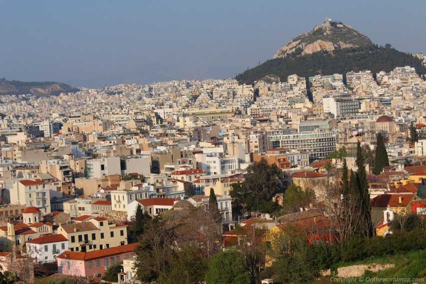 Panoramic view of Athens with Mount Lycabettus in the background, Greece
