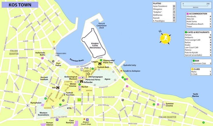 Kos City hotels and sightseeings map