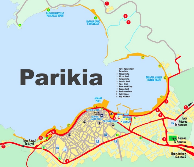 Parikia hotels and sightseeings map