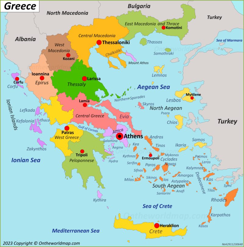 Greece Regions and Capitals Map - Ontheworldmap.com