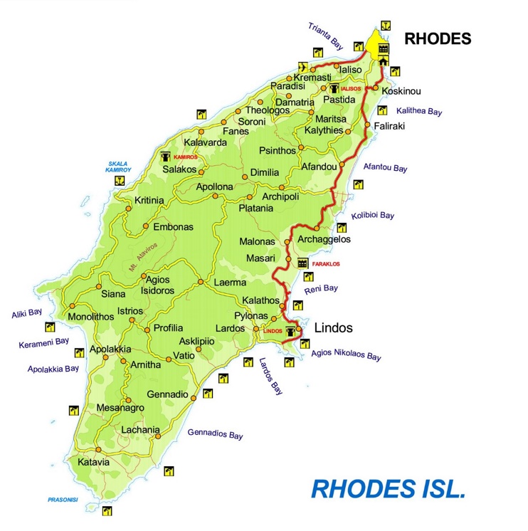 Map Of Rhodes With Cities And Towns Ontheworldmap