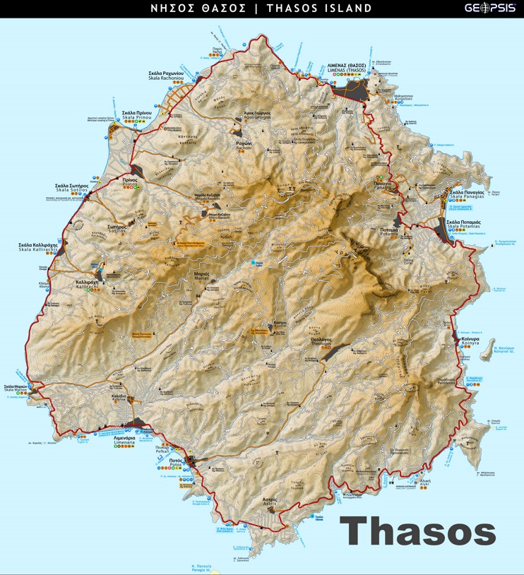 Large detailed map of Thasos