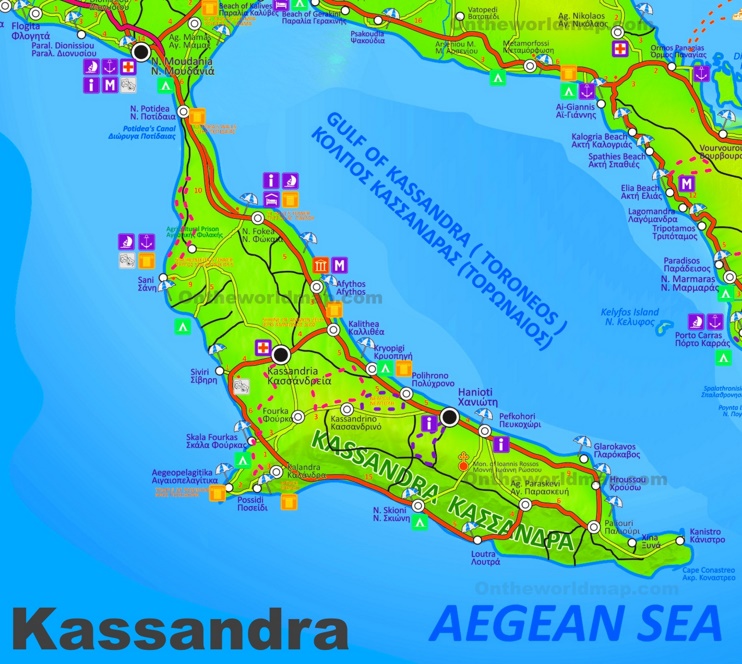 Kassandra tourist attractions map - Ontheworldmap.com