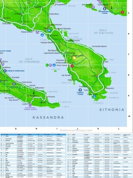 Sithonia hotels and sightseeings map