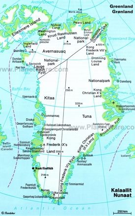 Map of Greenland with towns