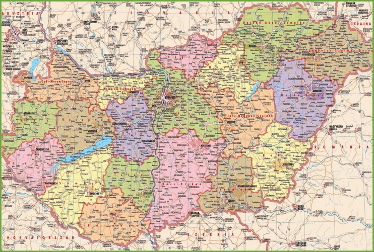 Large detailed map of Hungary with cities