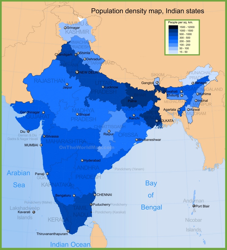 India population density map Ontheworldmap com