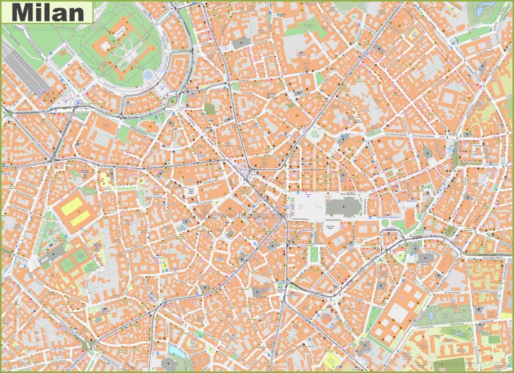 Mappa dettagliata del centro di Milano