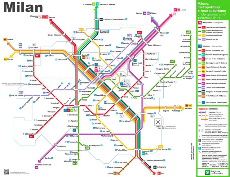 Mappa delle linee metropolitane e suburbane di Milano