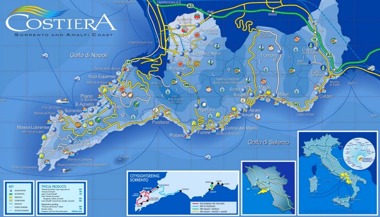 Sorrento Peninsula and Amalfi Coast Map