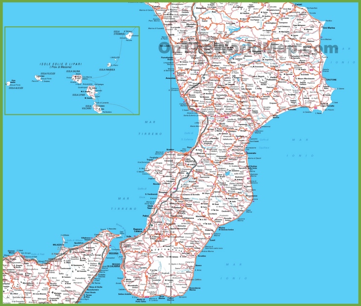 Grande mappa dettagliata di Calabria con città