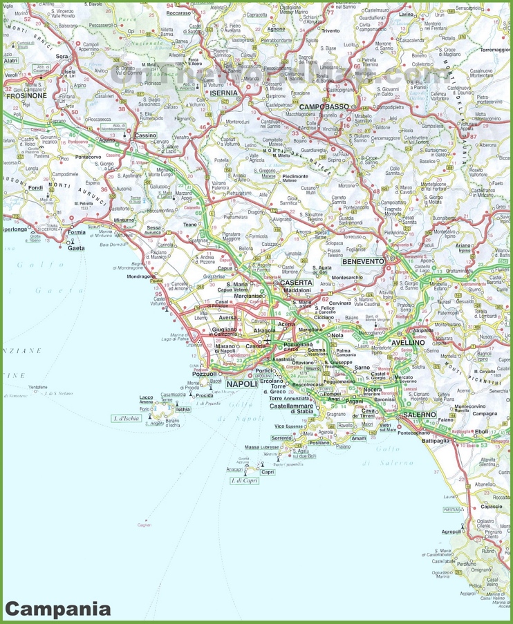 Large detailed map of Campania with cities and towns