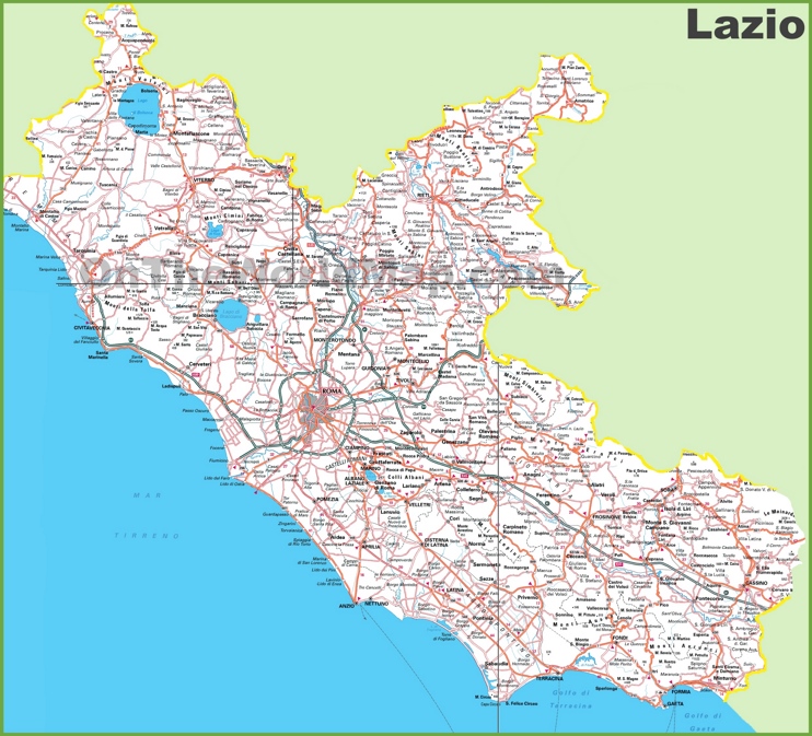 Large detailed map of Lazio with cities and towns
