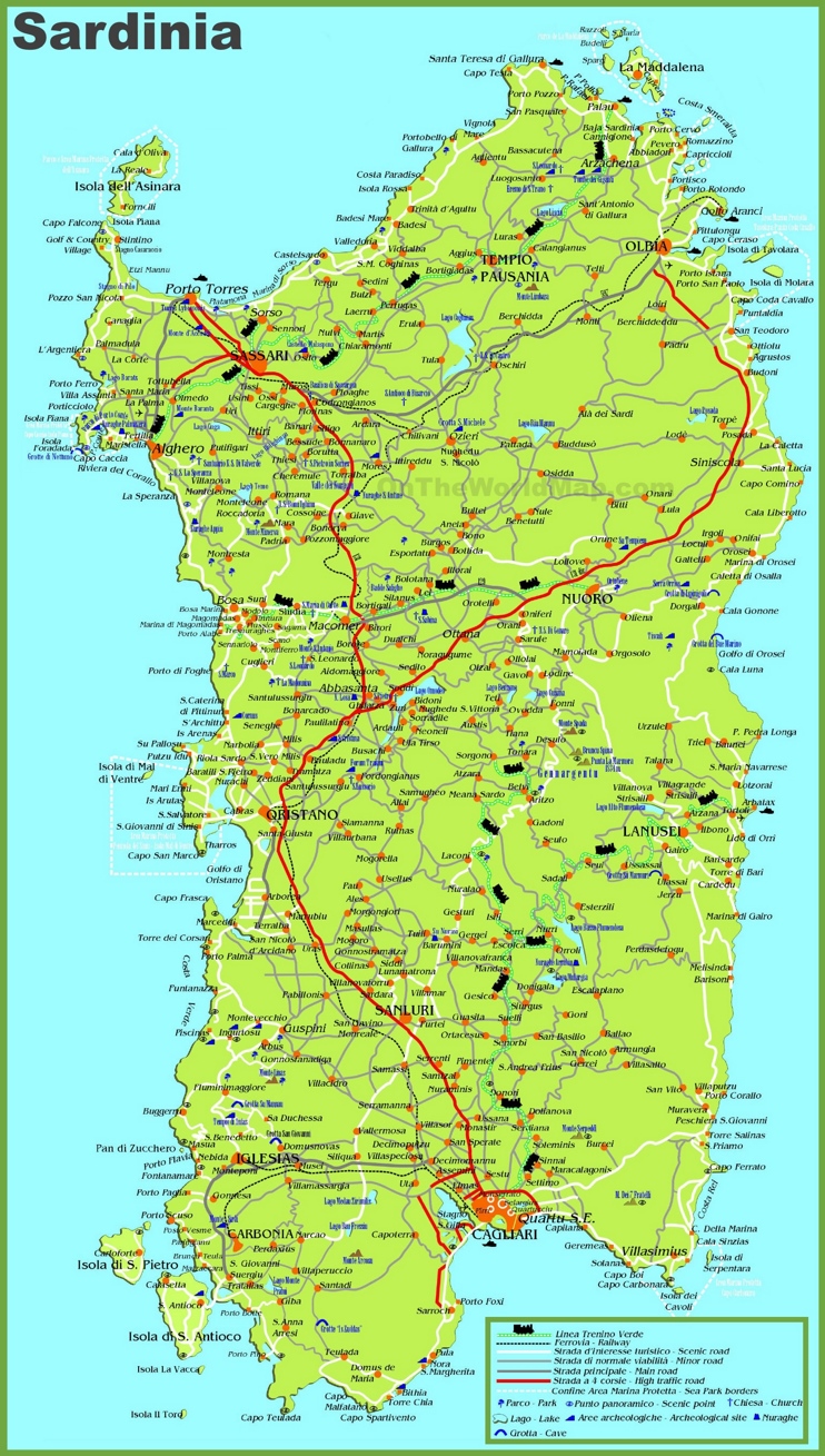 Grande mappa dettagliata di Sardegna con città e strade