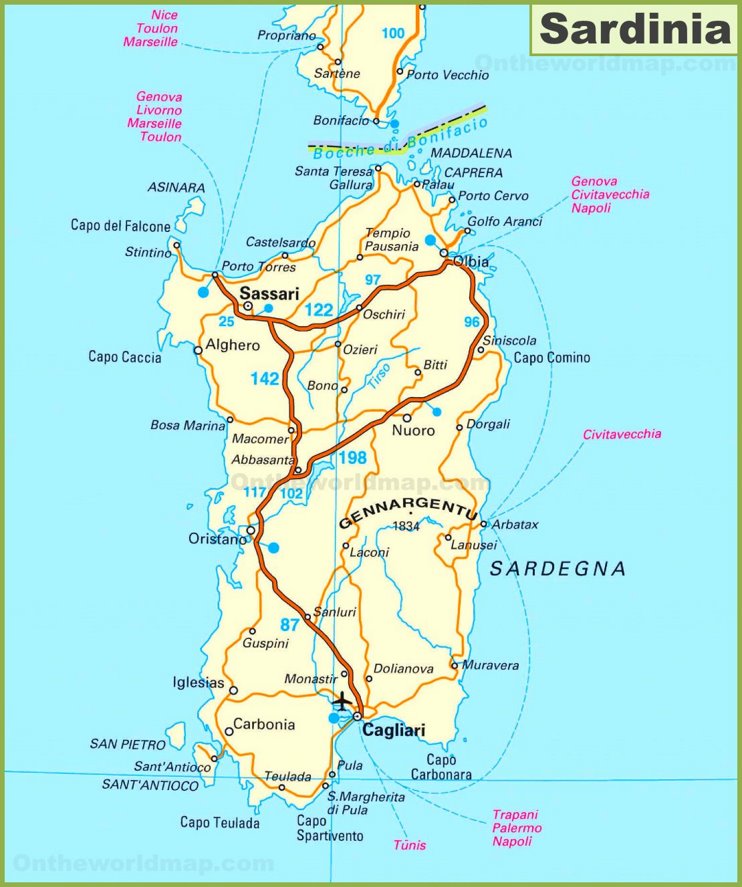 Road map of Sardinia