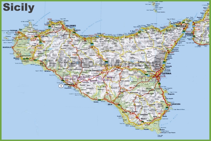 Grande cartina stradale dettagliata della Sicilia