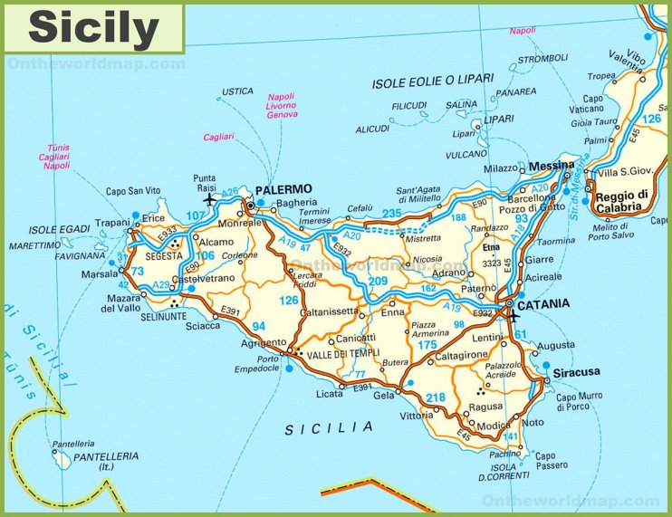 Mappa stradale di Sicilia con città